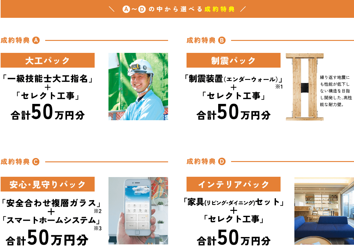 AからDの中から選べる成約特典
