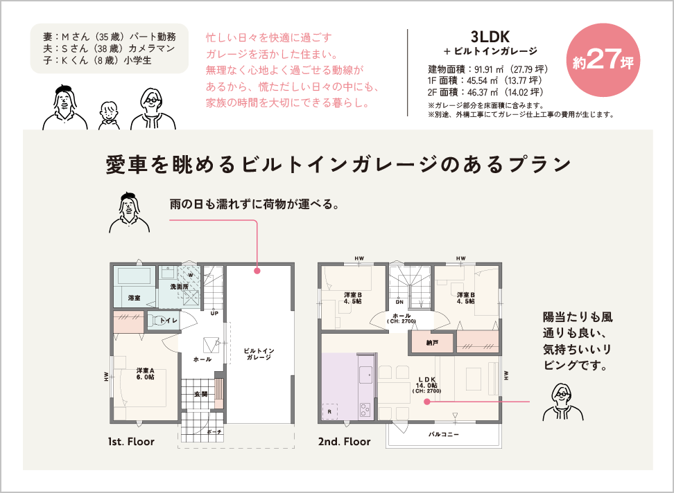 愛車を眺めるビルトインガレージのあるプラン